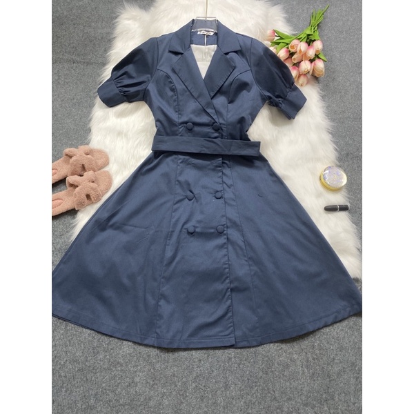 Đầm cổ vest xanh navy tay bồng nút bọc+bell