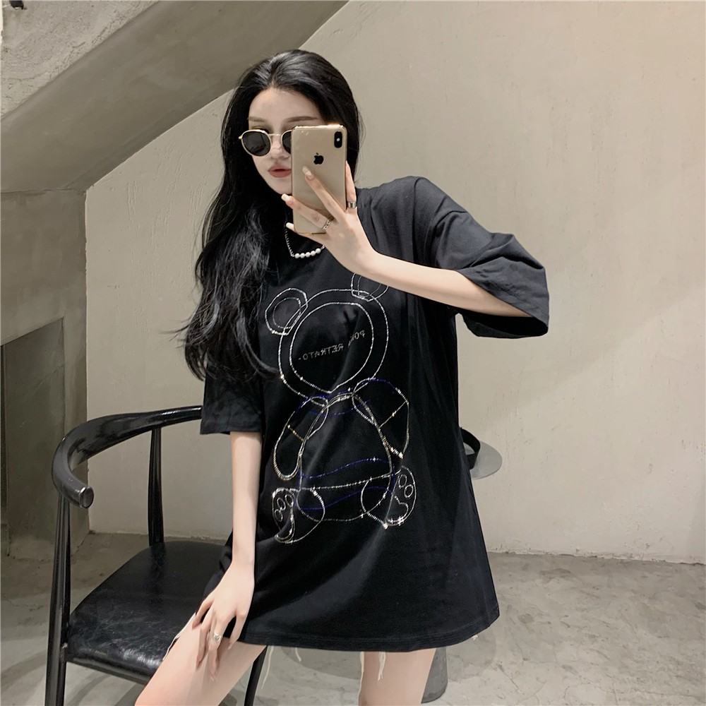 Hot Rhinestone T-shirt Women's Summer Bear Black Short Sleeve Loose New Style Thin Medium and Long Heavy Industry Top