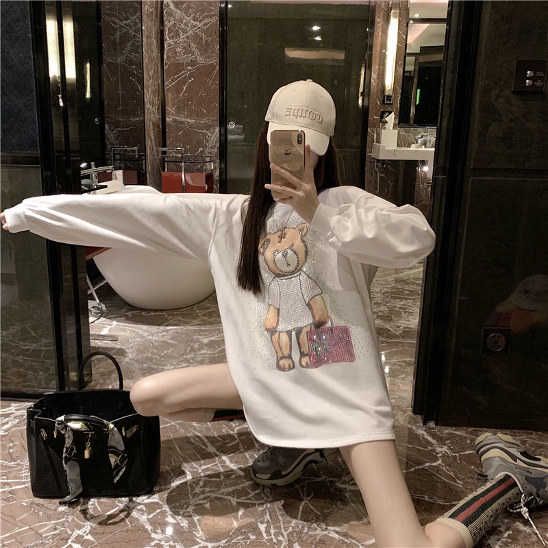 Jiashucheng Hàng Có Sẵn Áo Thun Dài Tay Dáng Rộng Cỡ Lớn Vừa In Họa Tiết Kim Cương Công Nghiệp Màu Trắng