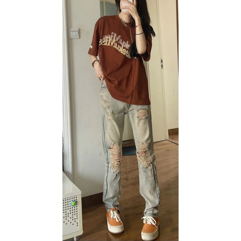 Quần Jean Nữ Lưng Cao Ống Đứng Rách Gối Phong Cách Đường Phố