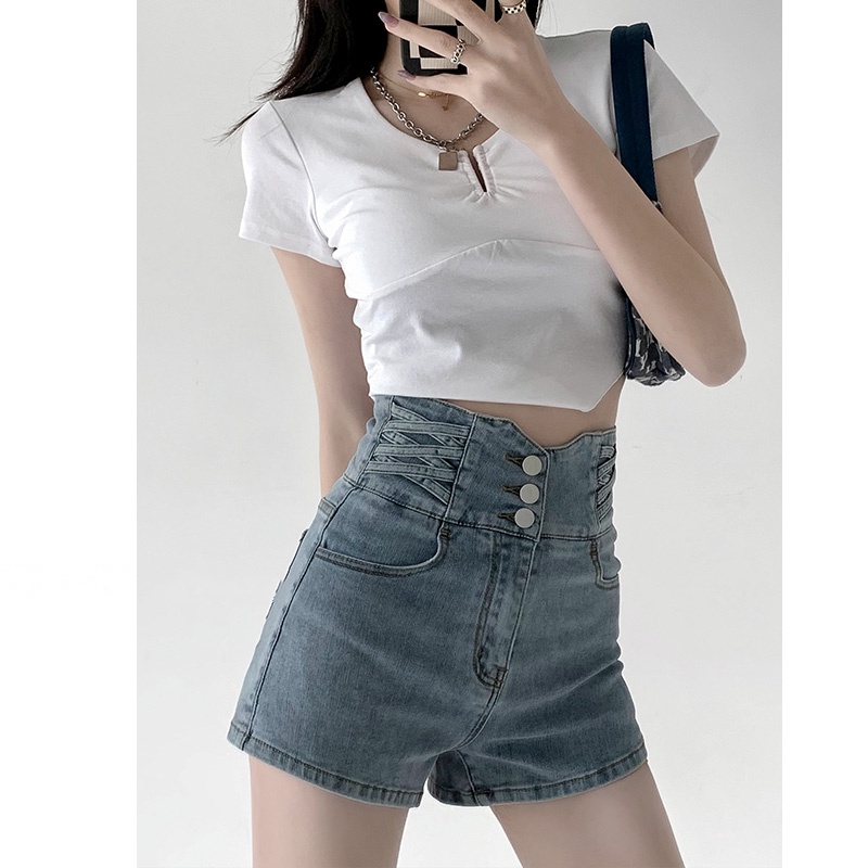 Porozi  Quần Short Jean Nữ Lưng Cao Thời Trang Hàn Quốc
