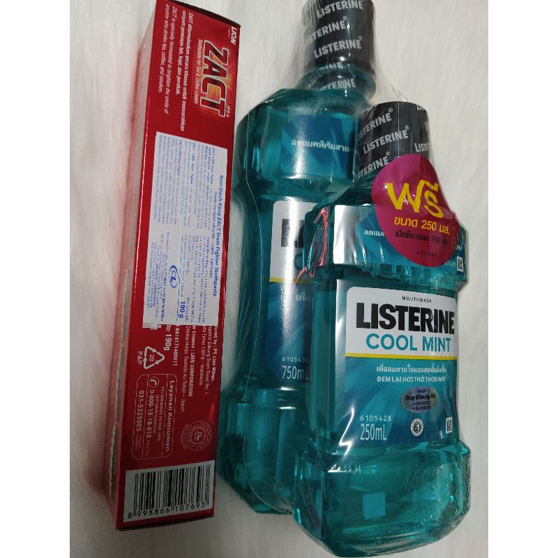 2 chai súc miệng Listerine (750+250)ml và KĐR Zact nhập khẩu Thái Lan