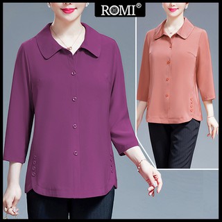 ROMI - ÁO KIỂU TRUNG NIÊN - ÁO SƠ MI QUÝ BÀ CỔ BẺ TAY LỠ VẠT BẦU PNÚT 2 BÊN TÀ ROMI 3A13 3A06 3A01