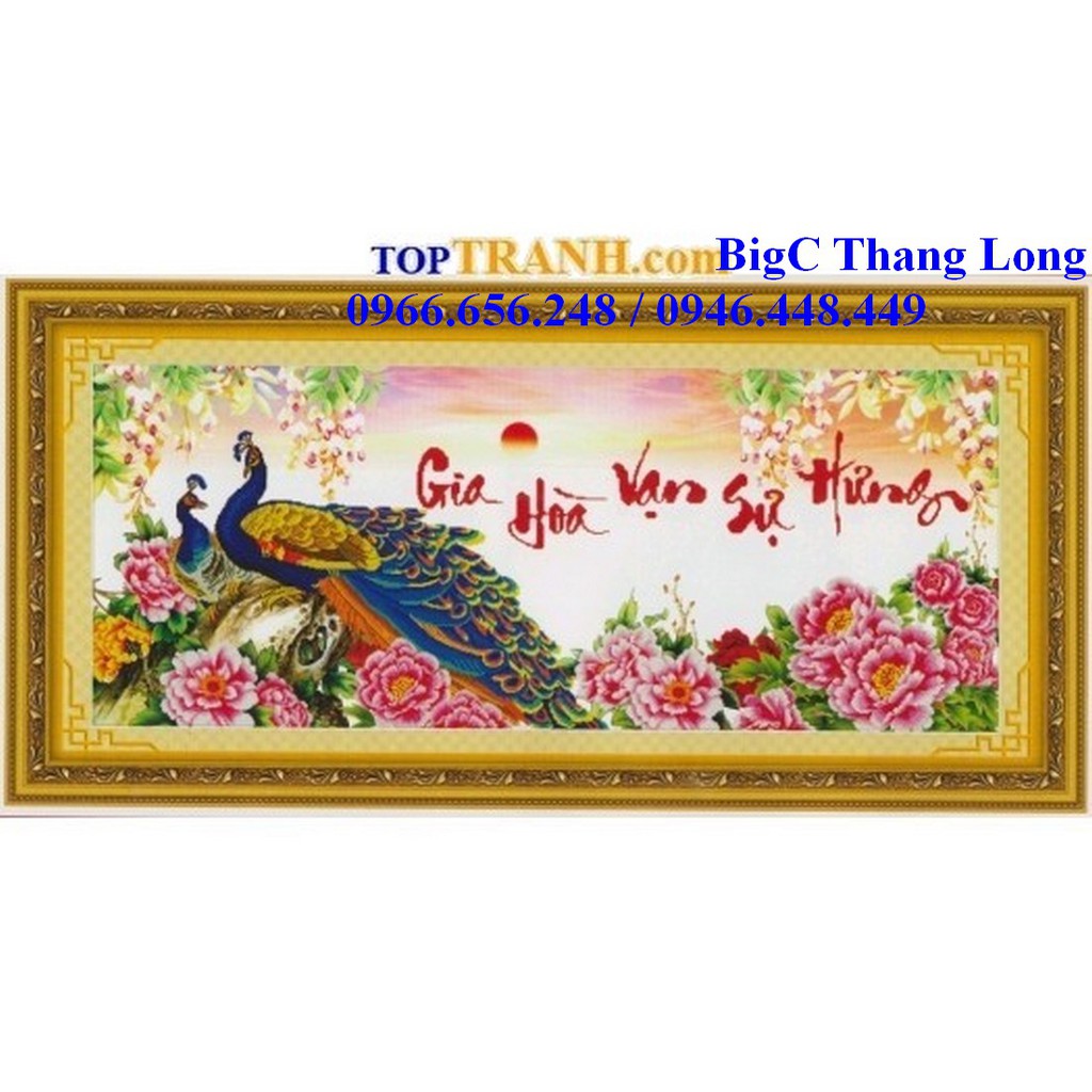 Tranh thêu chữ thập Gia hòa vạn sự hưng mẫu đơn và 2 con công 222752