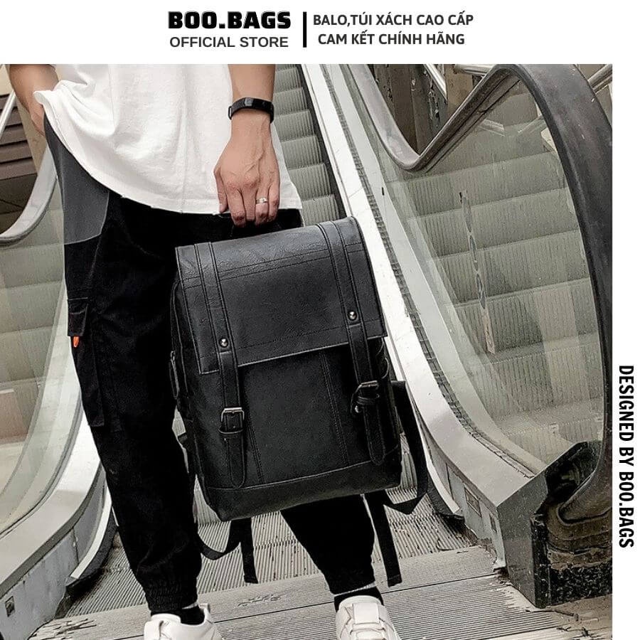 Balo Laptop, Balo Da Nam Cao Cấp Nắp Gập Khuy Bấm Chống Nước Phong Cách Hàn Quốc Boobags Boo-002