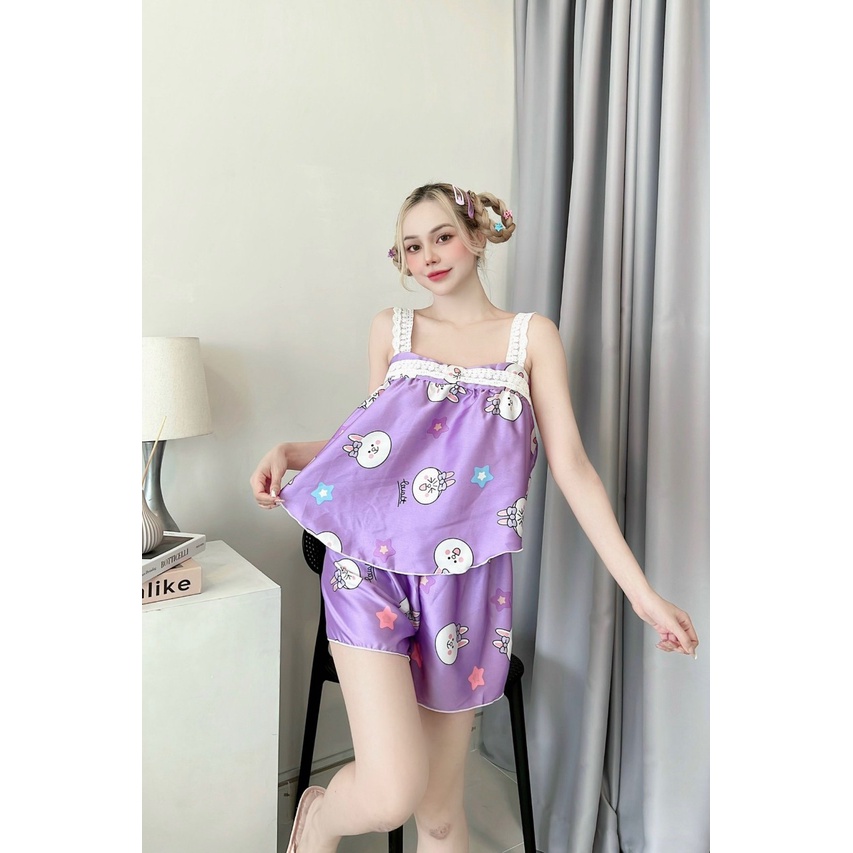 Đồ ngủ nữ đùi mặc nhà, bộ dây satin bản to phối ren- Phuongaliceshop