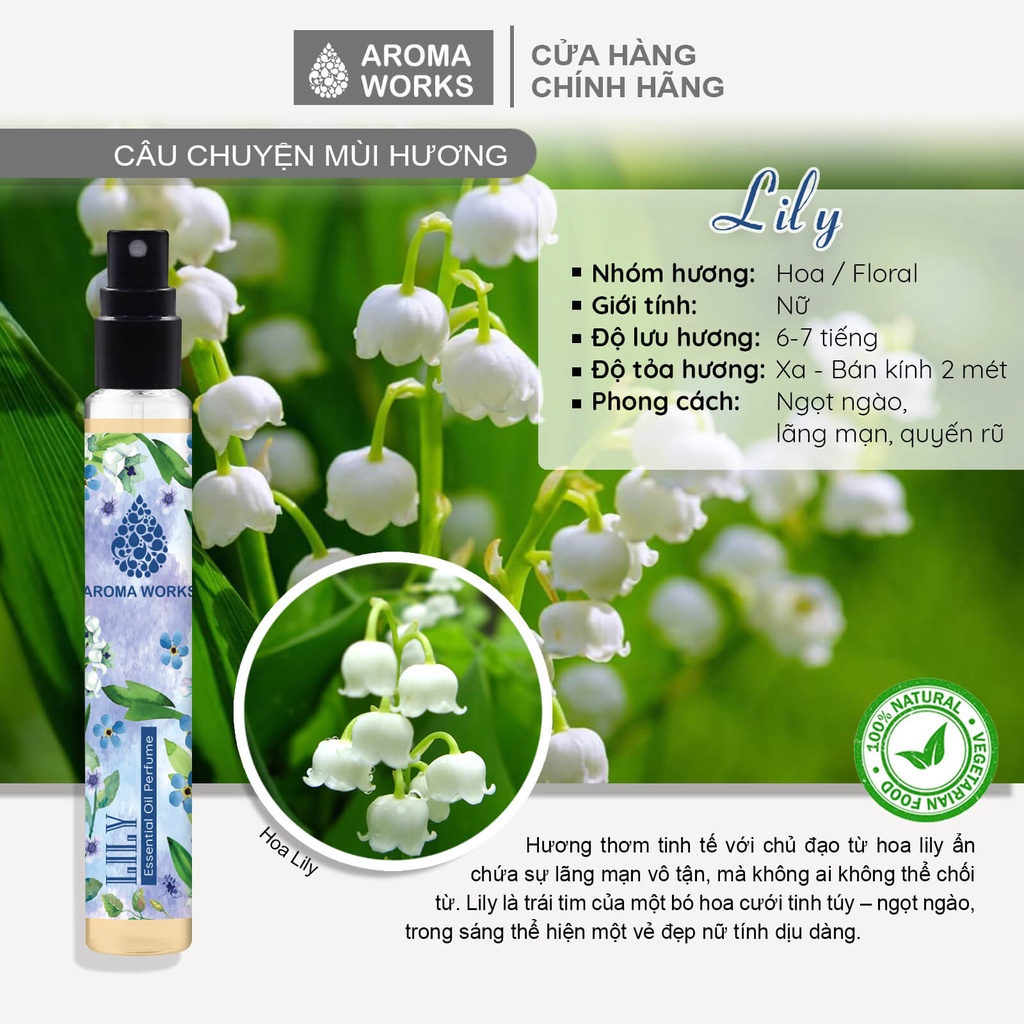 Tinh dầu nước hoa không cồn, lưu hương lâu Aroma Works Lily Essential Oil Perfume 10ml