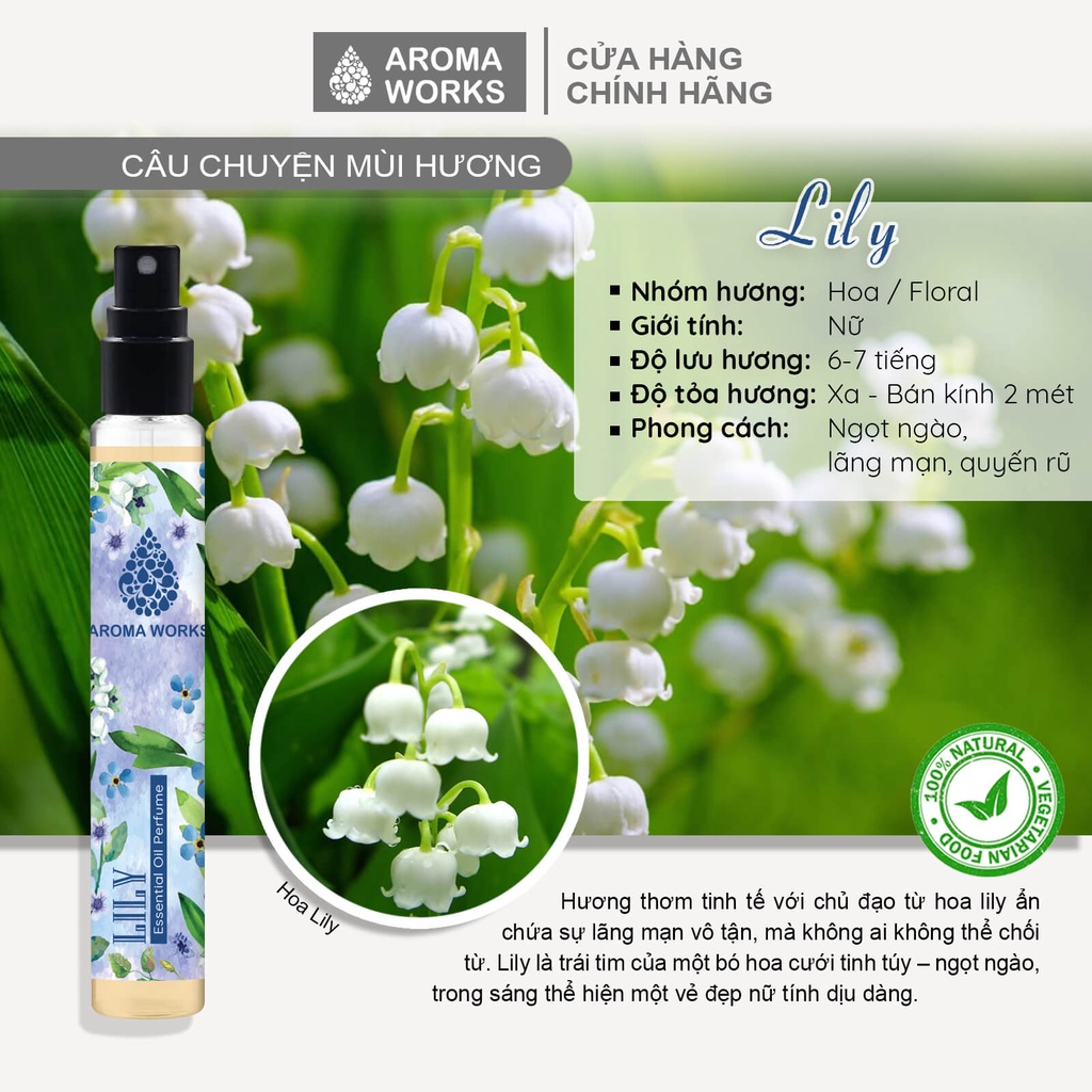 [Mã BMLT35 giảm đến 35K đơn 99K] Tinh dầu nước hoa không cồn, lưu hương lâu Aroma Works Lily Essential Oil Perfume 10ml