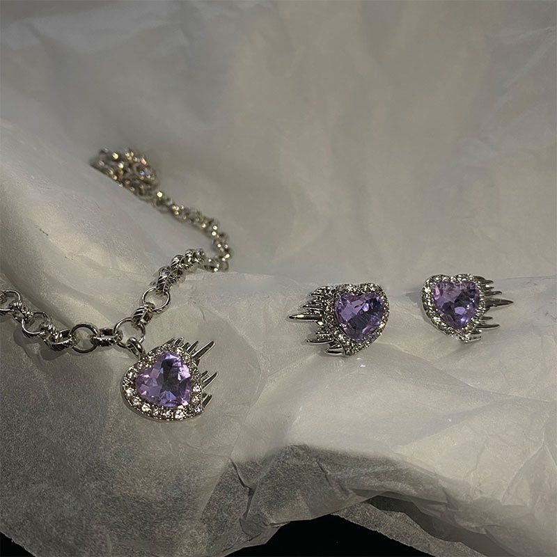 Phong cách mới nhất màu tím màu tình yêu hình dạng dát zircon vòng cổ bông tai bộ chuỗi dày của phụ nữ chuỗi xương đòn