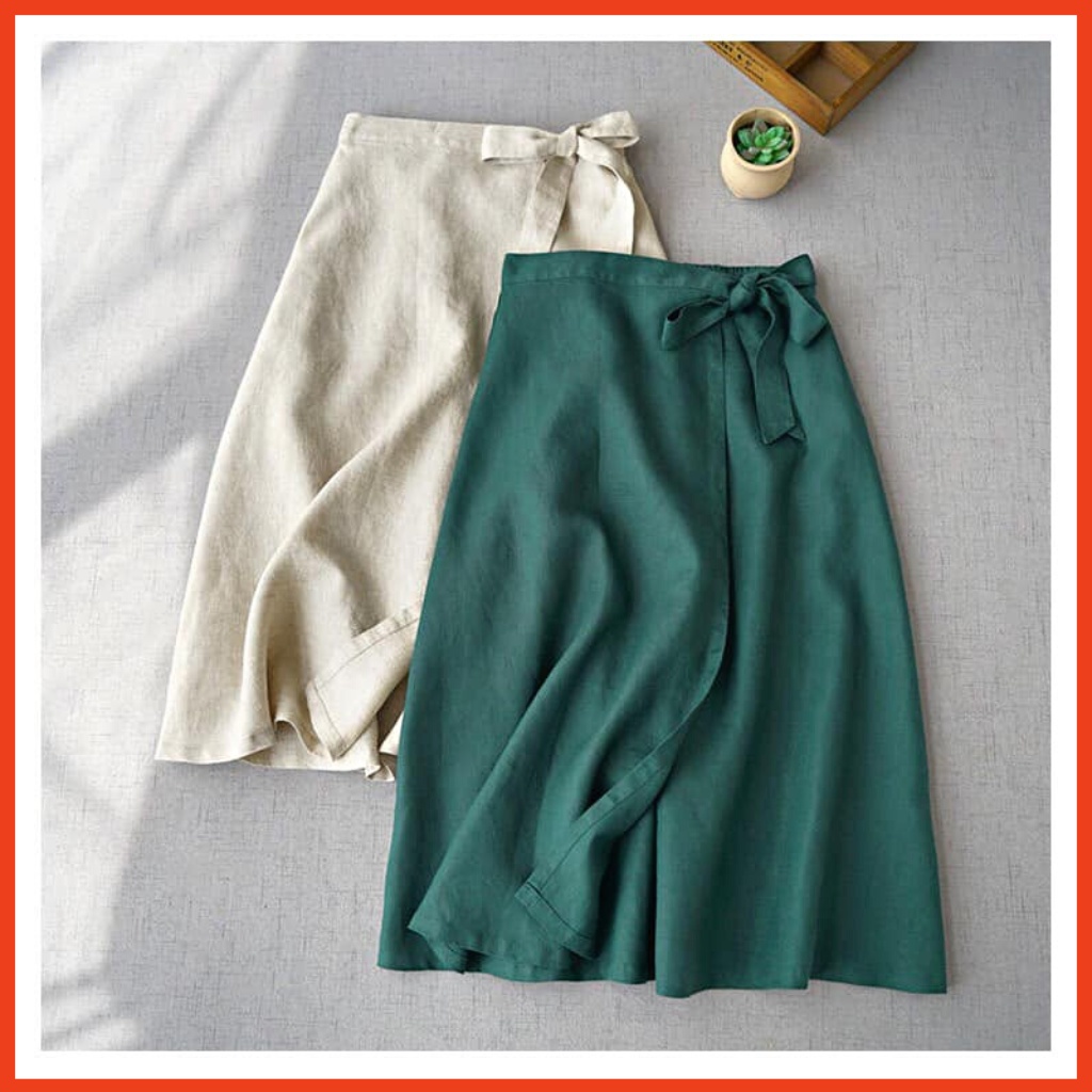 Chân Váy Nữ Dáng Chữ A Xoè Tà Nửa Cạp Nửa Chun Chất Liệu Linen