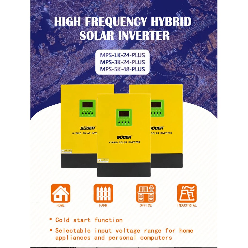 Biến tần Suoer 48V 230V 5000 watt 5kw hybrid inverter, MPPT solar charge, MPS-5K-48-PLUS