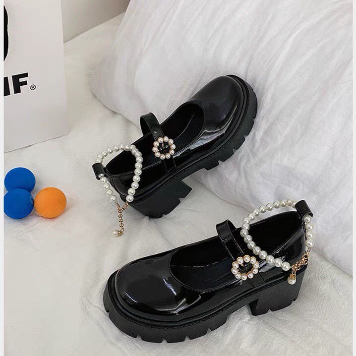 Giày búp bê nữ đế cao 5p gót vuông chất da bóng, Giày oxford nữ mũi tròn quai đính ngọc chất da bóng/ lì hottrend