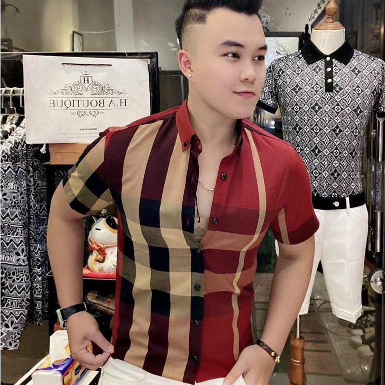 Áo sơ mi nam ngắn tay vải lụa cao cấp áo sơ mi phối sọc phong cách thời trang
