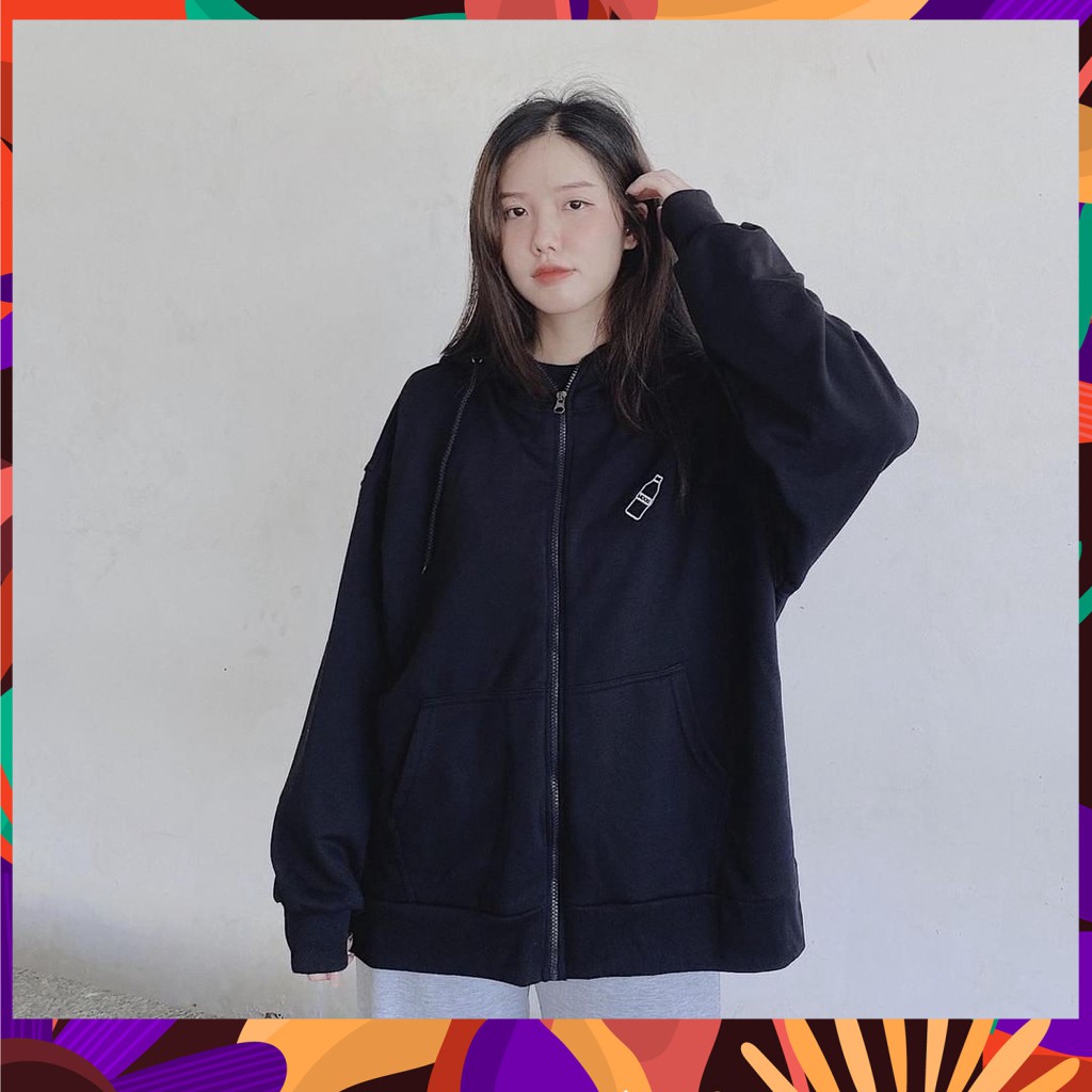 ❤ Xưởng Thời Trang Hot ✨  Áo Khoác Nỉ Hình Chai Nước Xẻ Tà Basic - Áo Hoodie Milk Dây Kéo Unisex Thêu Bình Sữa Đen Trắng