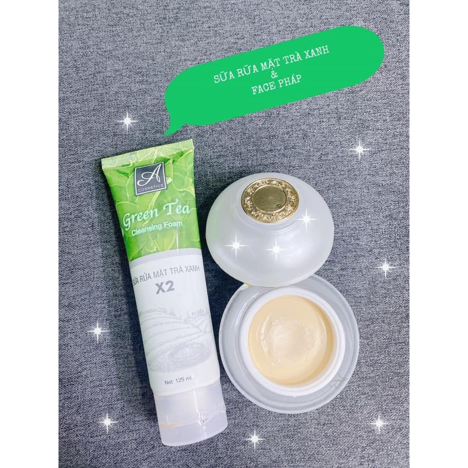 Combo Kem Face Pháp + Sữa Rửa Mặt Trà Xanh - Bộ sản phẩm dưỡng trắng da mặt, cấp ẩm, bổ sung collagen, cao cấp acosmetic