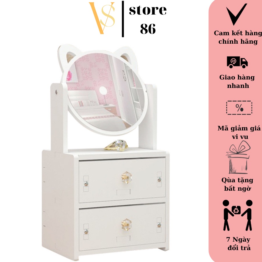 Kệ đựng mỹ phẩm có gương dễ thương-Hộp để đồ trang điểm mini kèm gương tai mèo tiện lợi VS STORE