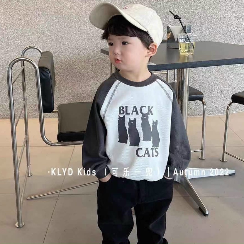 Bộ quần áo bé trai Black Cats, Set thu đông gồm áo dài tay và quần jogger nỉ da cá siêu đẹp cho bé 7-18 kg, DUCK389