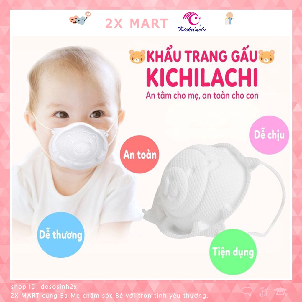 Khẩu trang gấu cho bé sơ sinh Kichi 3D 4 lớp kháng khuẩn dây thun điều chỉnh tai - 2X MART