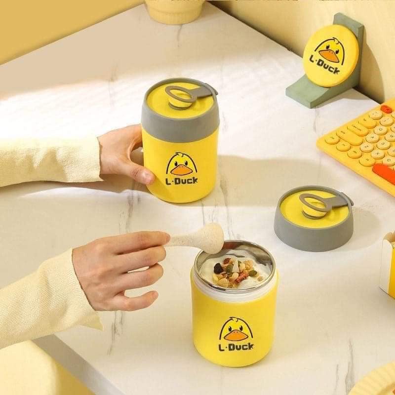 Bình ủ cháo inox 304 giữ ấm đồ ăn DUCK hình vịt vàng tặng kèm muỗng tiện dụng