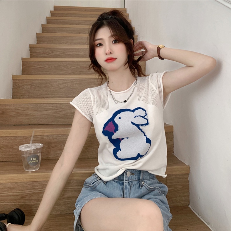 Áo thun ZHELIHANGFEI dệt kim ngắn tay thêu họa tiết xinh xắn thời trang