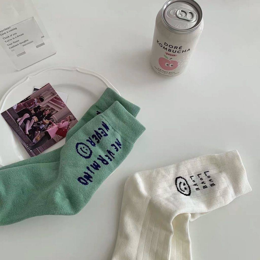 Vớ Trắng Cổ Vừa In Chữ LOVE Mặt Cười Phong Cách Preppy Nhật Bản Đơn Giản Dễ Phối Đồ Cho Cặp Đôi
