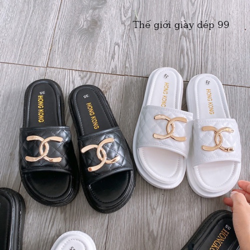 Dép nữ chaner quai ngang đế cao 5cm siêu nhẹ có 2 màu đen và trắng xinh xắn
