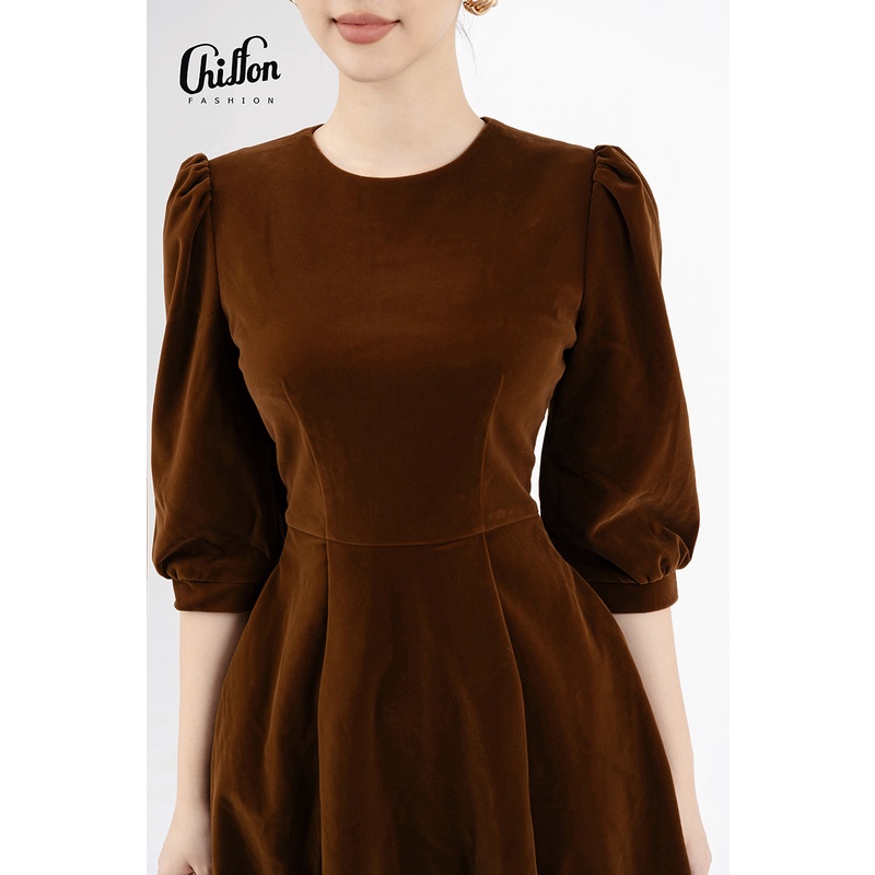 Váy nhung công sở nữ dáng xòe tay bồng thiết kế Chiffon | BigBuy360 - bigbuy360.vn