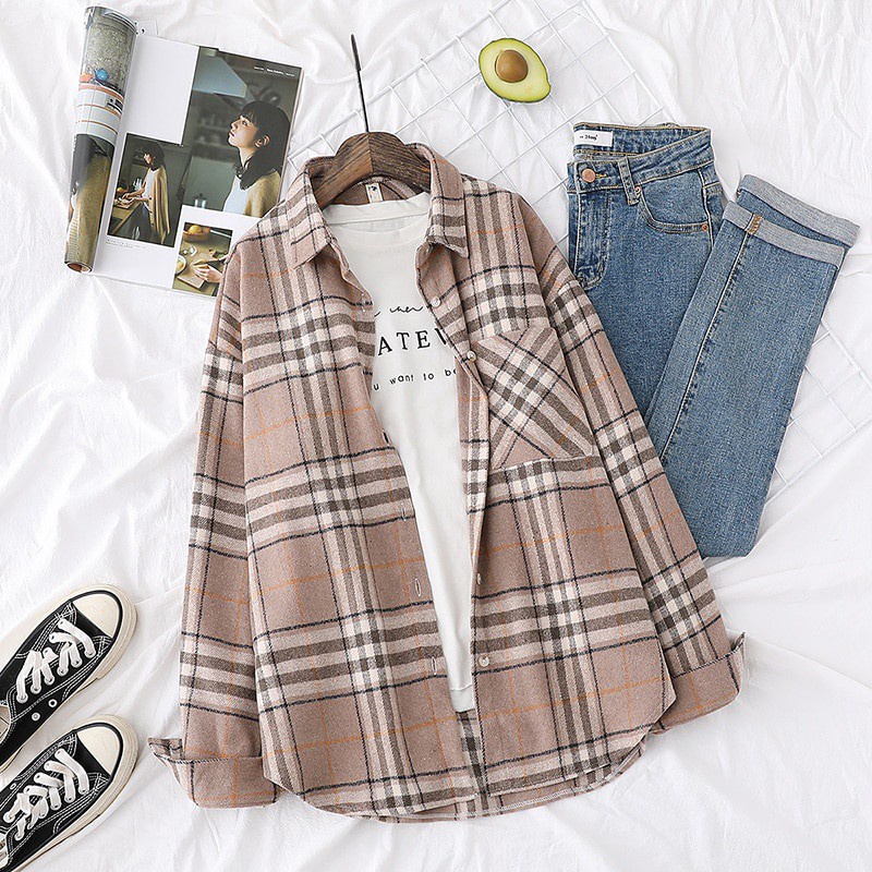 Áo sơ mi SixSisters tay dài họa tiết kẻ sọc caro dành cho nữ