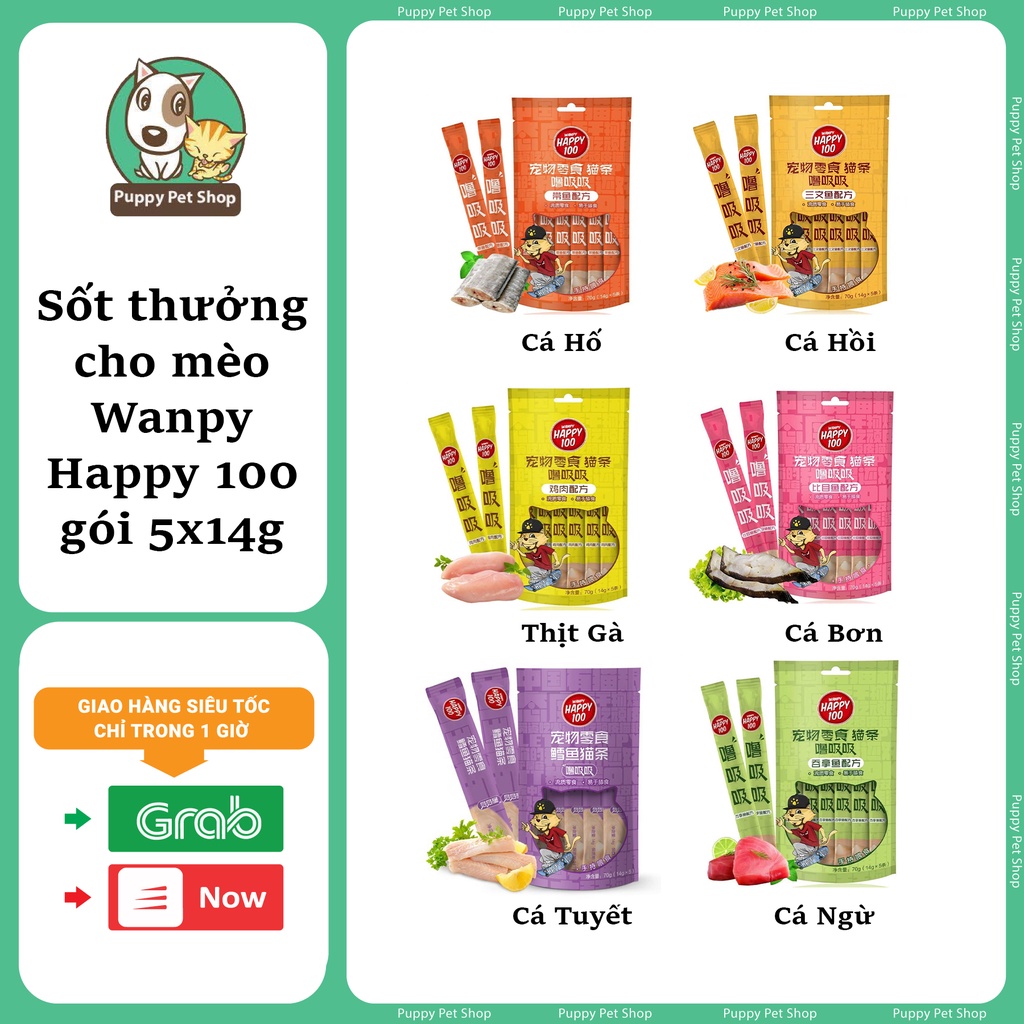 Sốt thưởng Wanpy Happy 100 cho mèo đủ vị - 70G