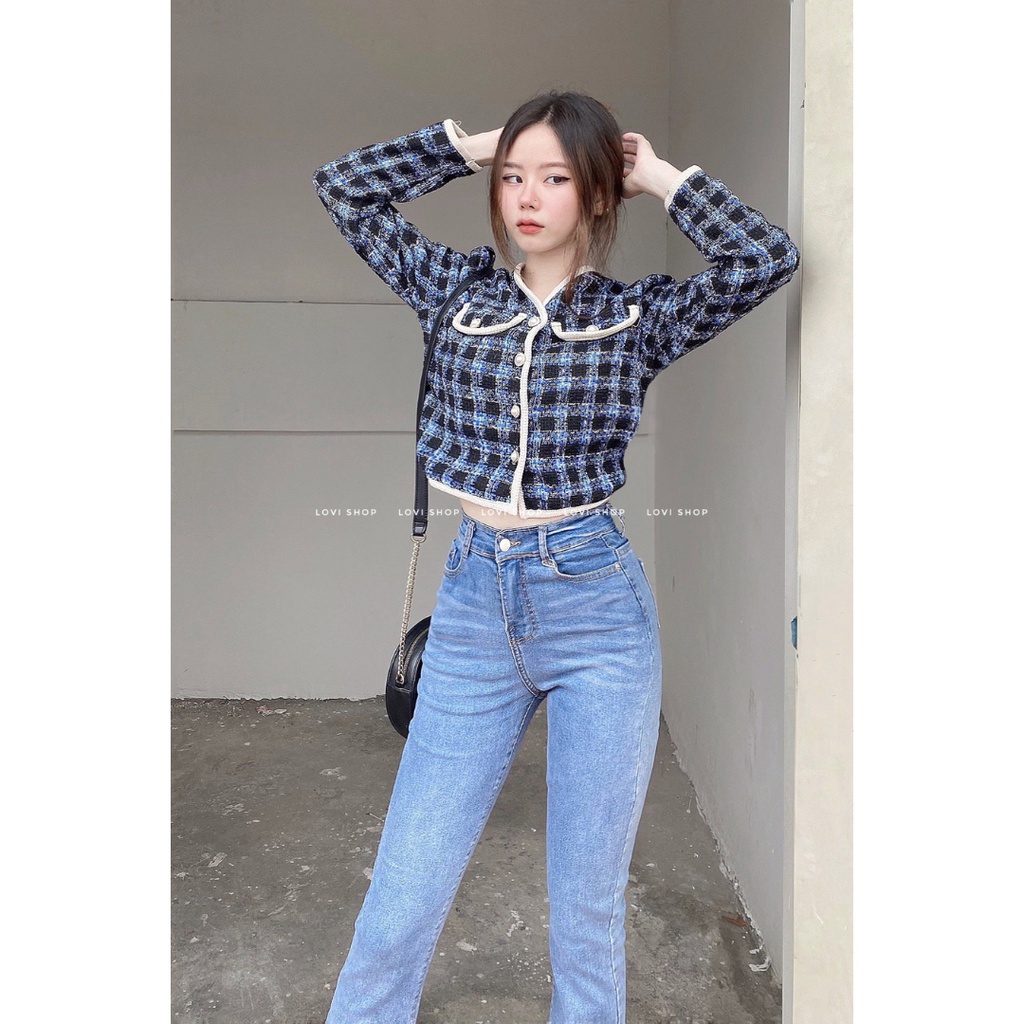 LOVI SHOP - Áo khoác dạ tweed caro tay dài cúc ngọc sang chảnh phong cách Hàn Quốc