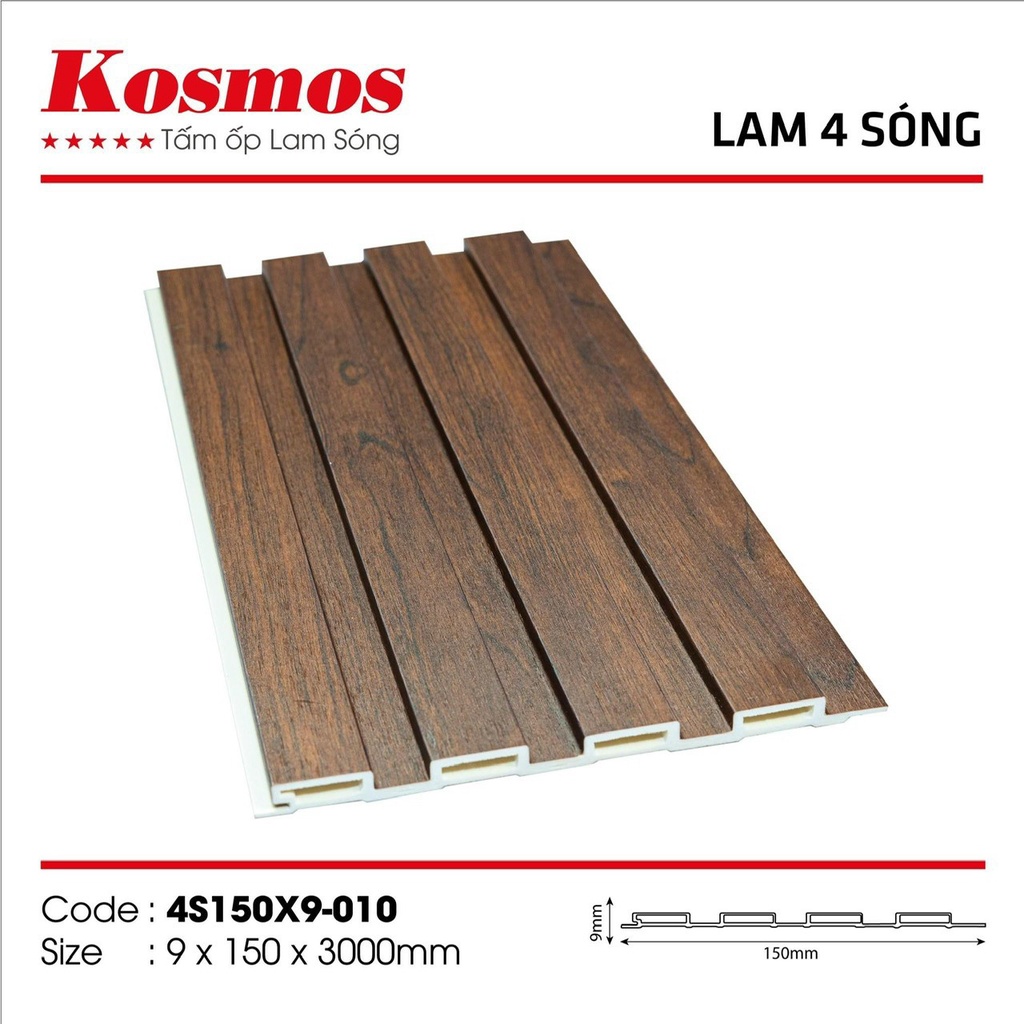 Lam 4 sóng nhỏ Kosmos, lam sóng trong nhà nhựa nguyên sinh PVC, kt 150x9x3000mm