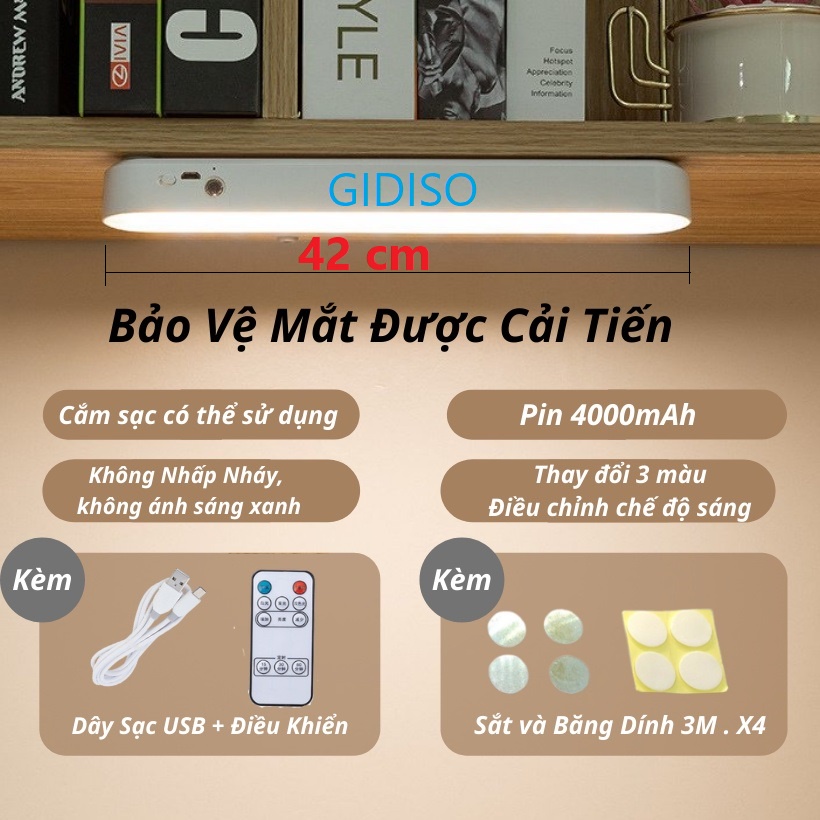 Đèn LED Trang Điểm Cảm Ứng CHẠM 42cm 3 chế độ GIDISO dùng cho bàn làm việc, bàn học, tủ sách, đèn ngủ, chống mỏi mắt