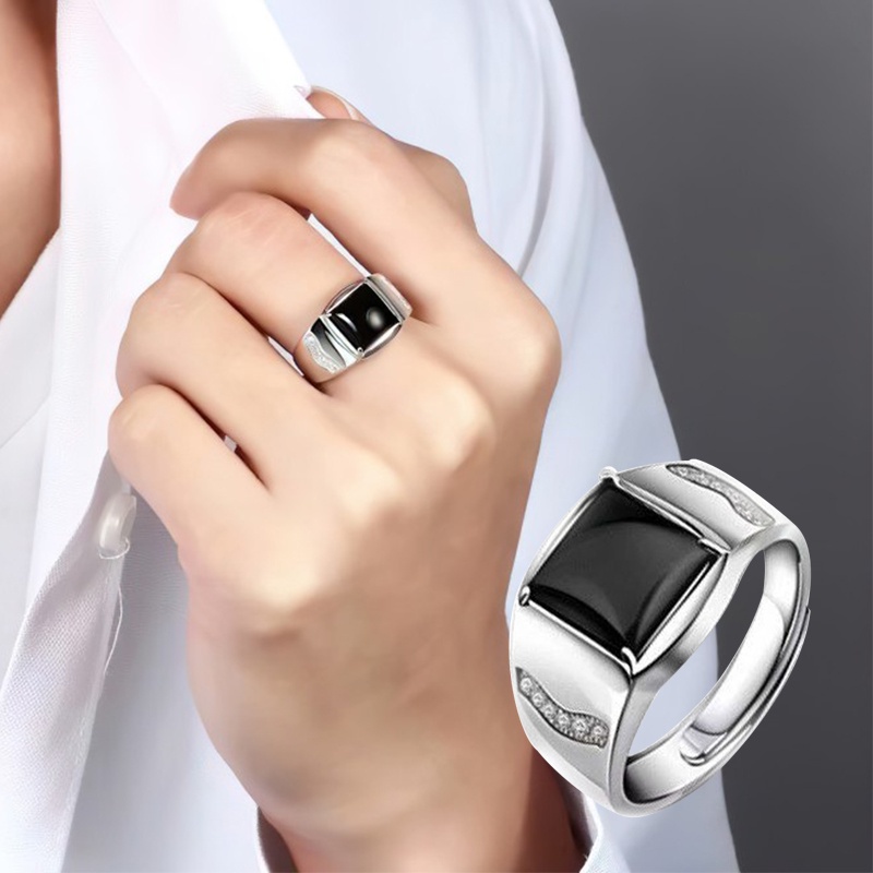 Nhẫn Mở Đính Đá Mã Não Đen Đơn Giản Thời Trang Nam Tính
