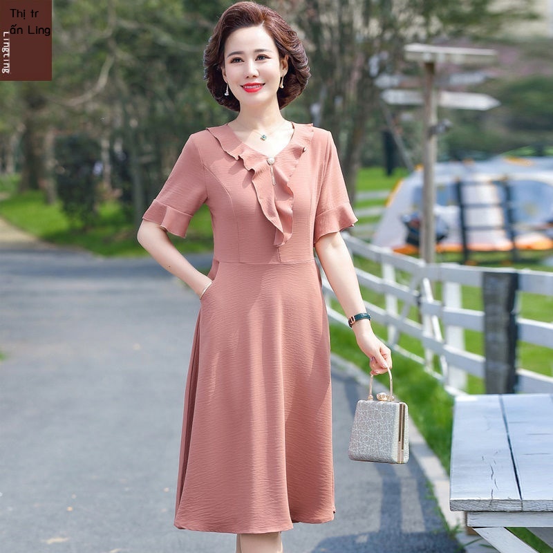 Mẹ tuổi trung niên mùa hè váy ngắn tay mới liền màu của phụ nữ và người già 40