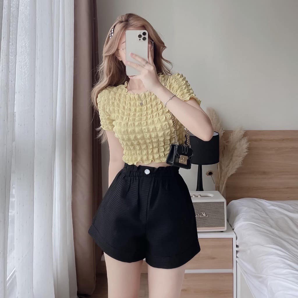 Áo Croptop Chất Caro Xốp Nữ Thun kiểu body cộc tay dáng ôm viền bèo tiểu thư đường phố hàn quốc. CL02
