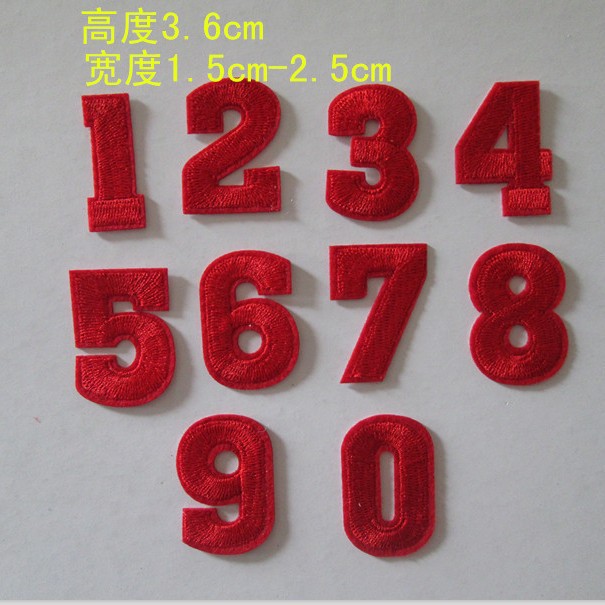 10 miếng thêu trang trí hình chữ số màu đỏ từ 0-9