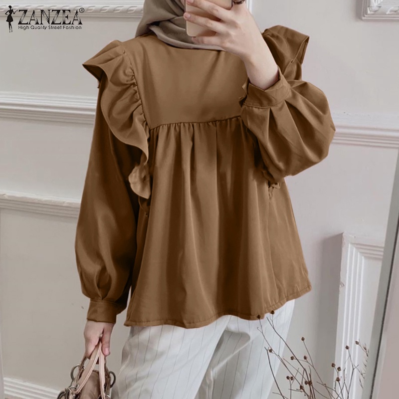Áo kiểu Zanzea tay dài phồng cổ tròn phối viền nhún bèo thời trang cho nữ
