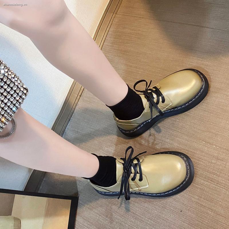 Giày Da Đế Dày Mũi Tròn Phong Cách Retro Anh Quốc 2021 Cho Nữ