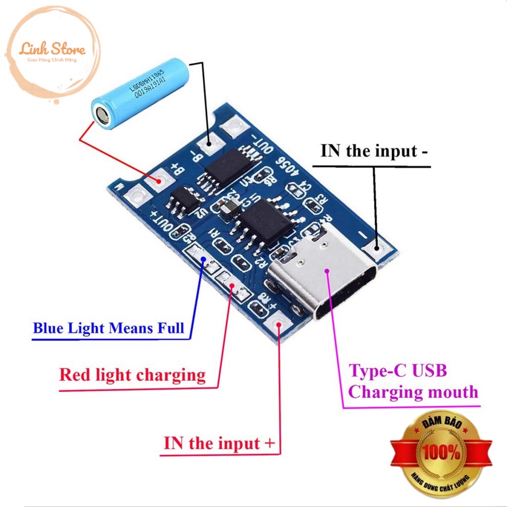 Mạch Sạc Và Xả Pin 18650 TP4056 1A Có Bảo Vệ Chân USB Type C