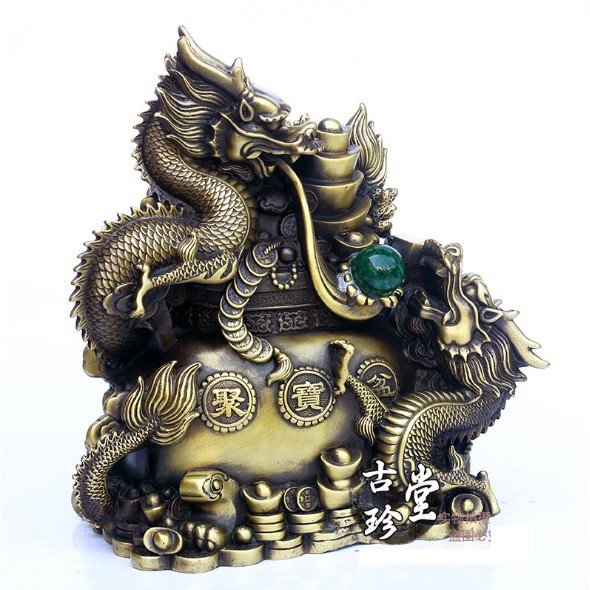cặp rồng phong thủy tiền vàng phun ngọc bằng đồng thau nguyên chất kích thước 31x28x14cm năng 5kg