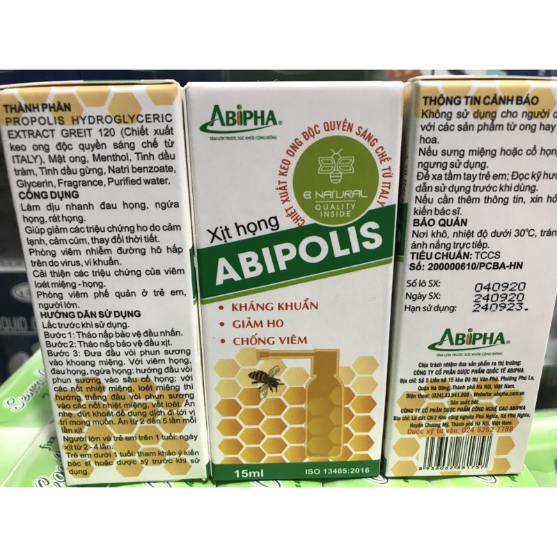 Xịt họng Abipolis Abipha 15ml chiết xuất keo ong sáng chế từ italy giúp giảm ngứa họng,khản tiếng cho trẻ 1 tuổi trở lên