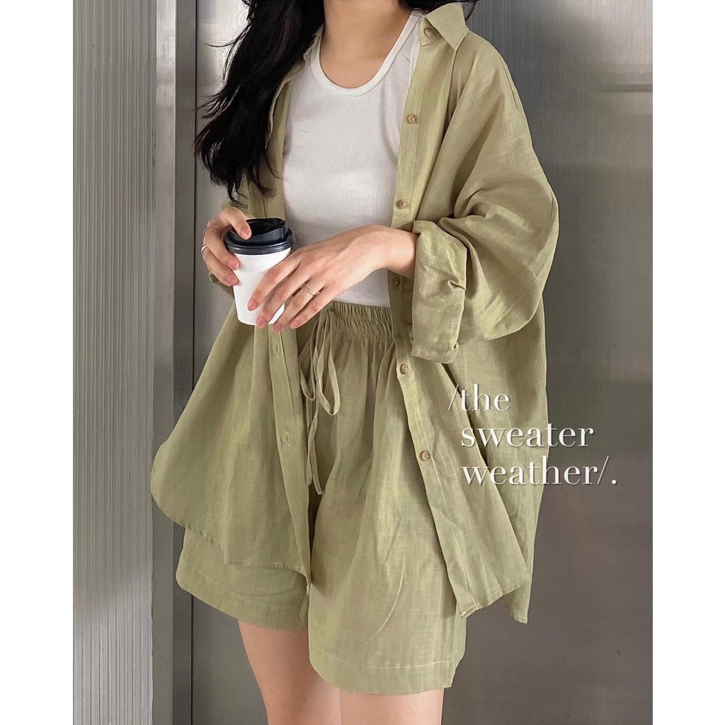 Set bộ nữ S.082, Set áo sơ mi basic oversize và quần short cạp chun năng động - Thời trang nữ Chấm Bi