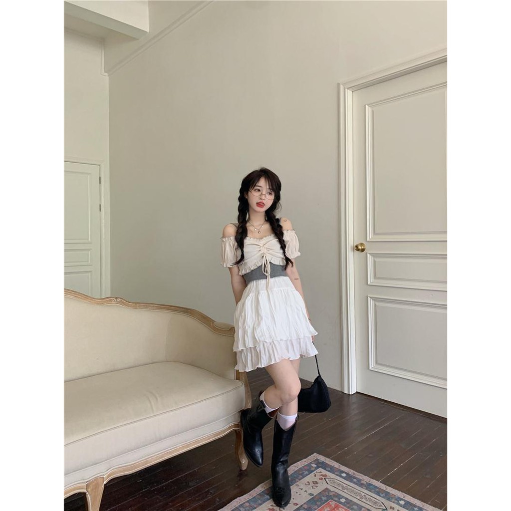 Áo croptop trễ vai tay phồng ngắn phối ren thời trang cho nữ