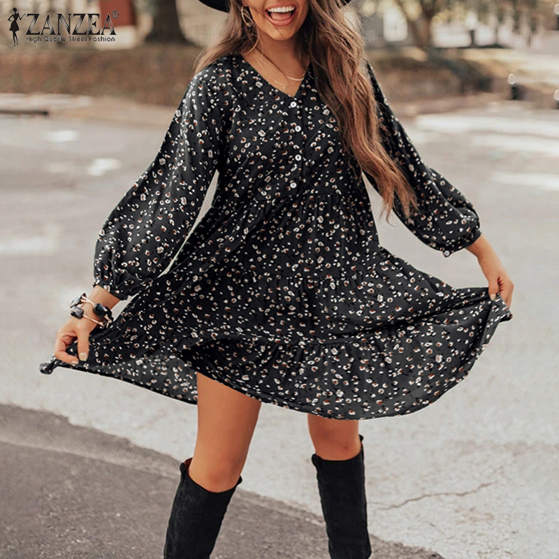 ZANZEA Women's Casual Fashion V-Neck Doll Floral Mid-Length Dress | BigBuy360 - bigbuy360.vn