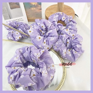 Scrunchies hoa cúc tím đũi vải đẹp Made in korea