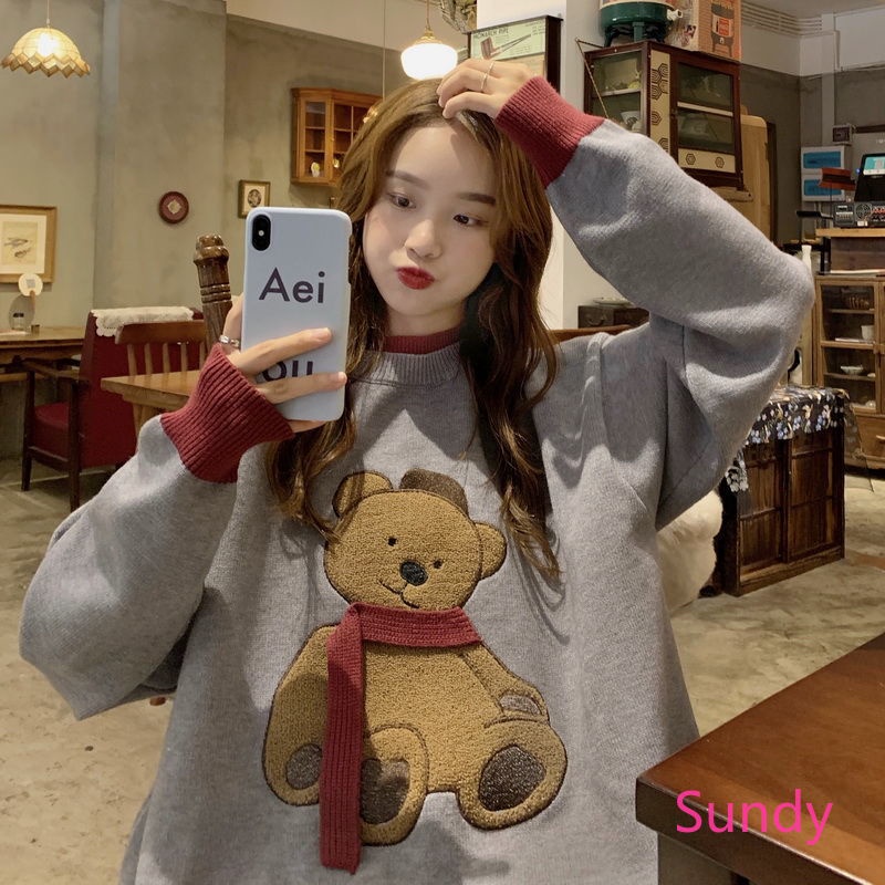 Áo sweater dài tay dáng rộng phong cách retro thời trang mùa đông cho nữ