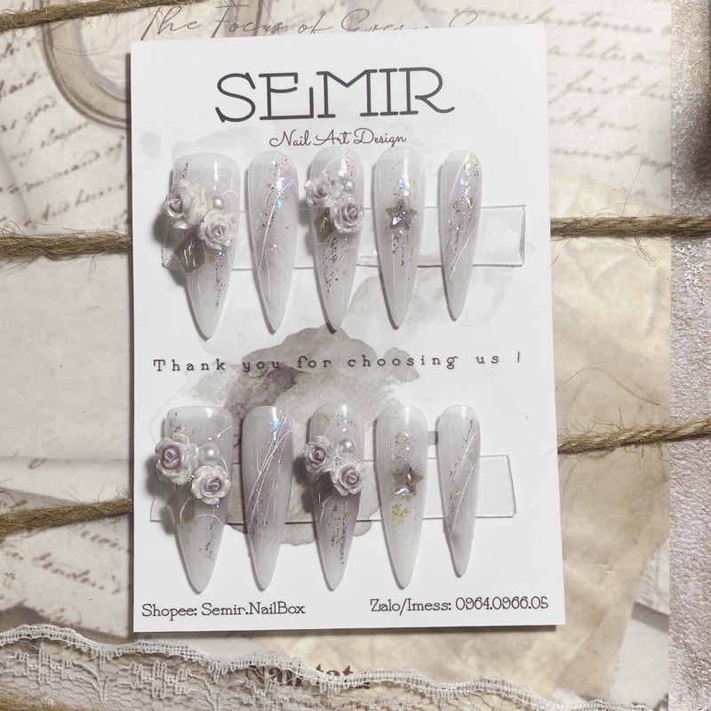 Mẫu hot tiktok Trung - Nail Box Móng up thiết kế theo yêu cầu tone thạch đính hoa hồng TUE223