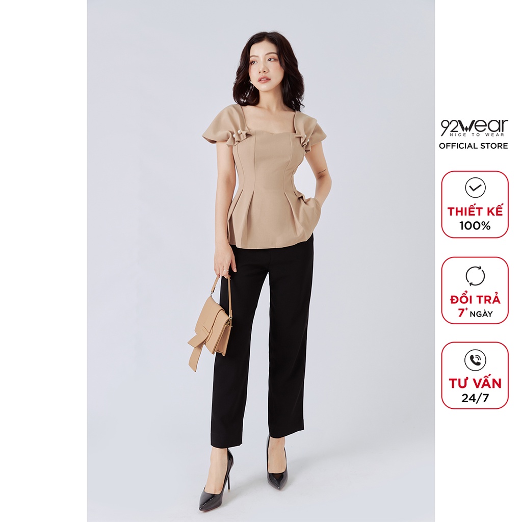 Áo sơ mi nữ kiểu 92WEAR thiết kế công sở thanh lịch tay ngắn nhún đính cúc ASA0852