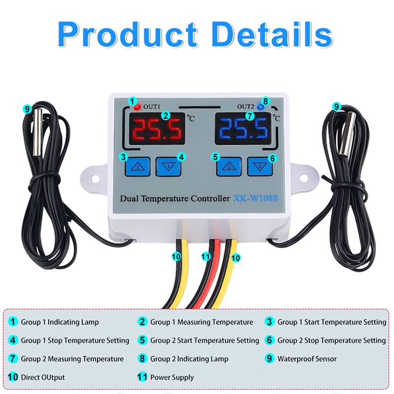 Bộ Điều Khiển Nhiệt Độ Kỹ Thuật Số Hai Rơ Le XK-W1088 12V 110-220V
