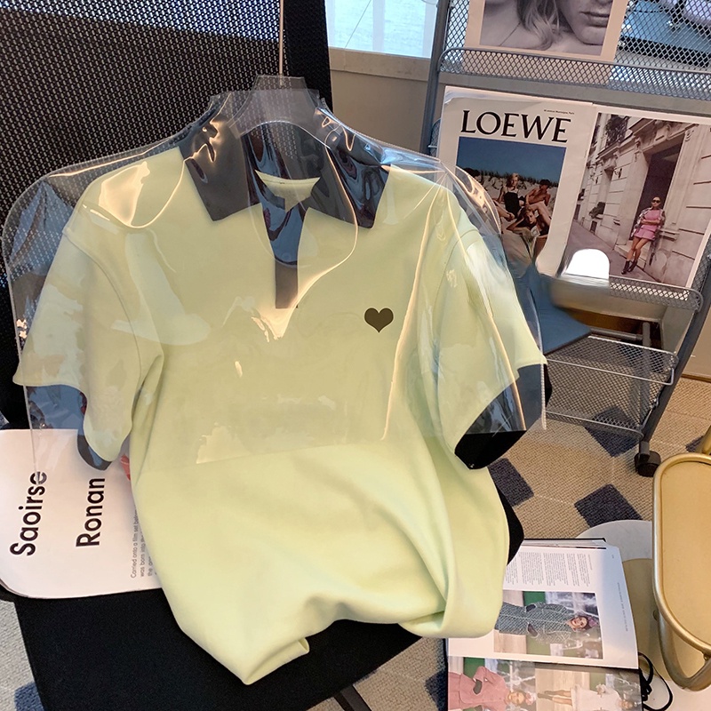 NRVP Áo thun nữ cổ bẻ ngắn tay dáng rộng in họa tiết phong cách Hàn Quốc